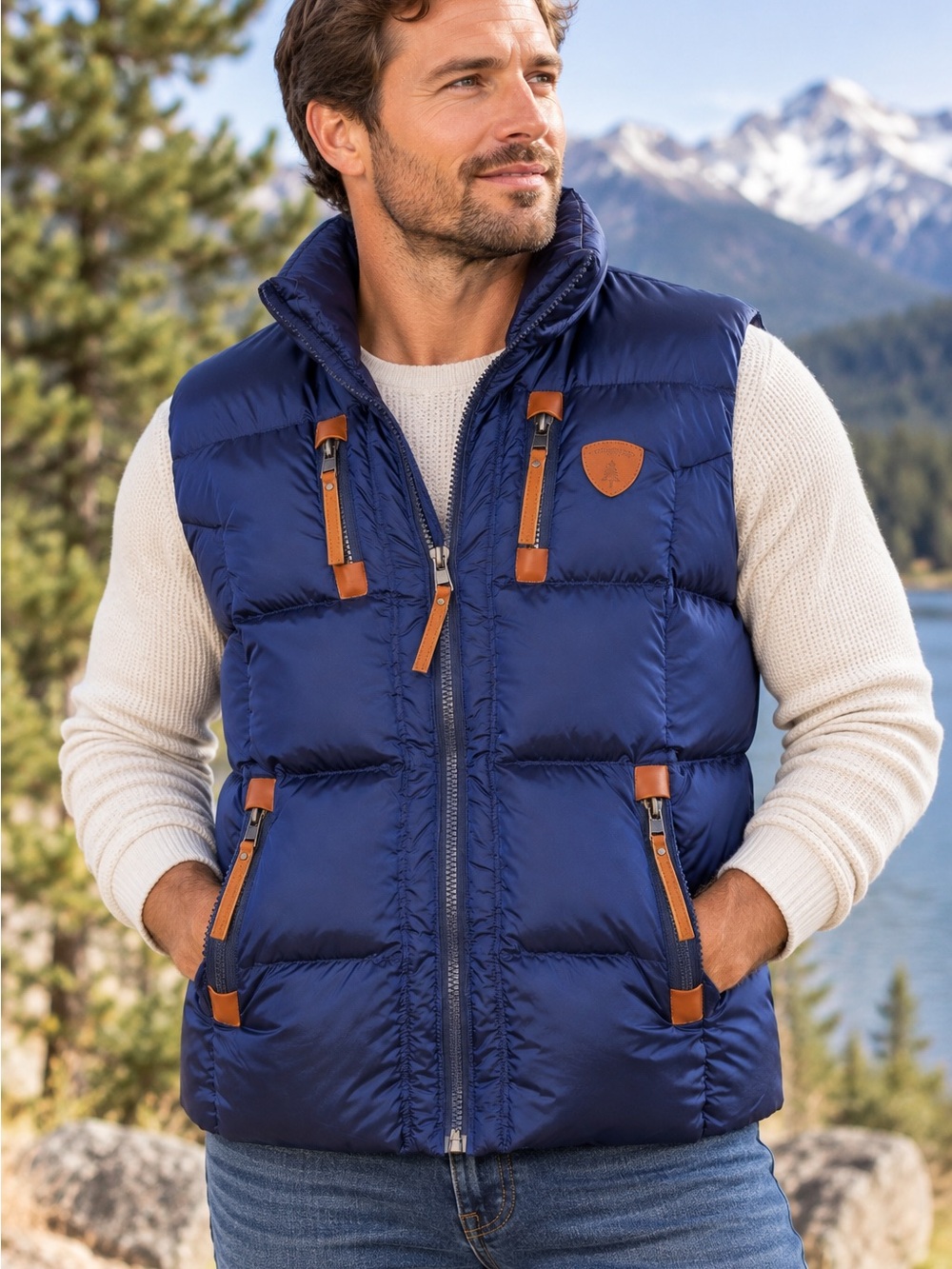 Wanakome Vick Navy Blue Duck Down Puffer Vest Faux Leather Trim Size L
